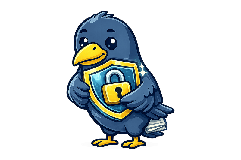 RavenFind raven mascot hugging a shield with a padlock, symbolising private search
